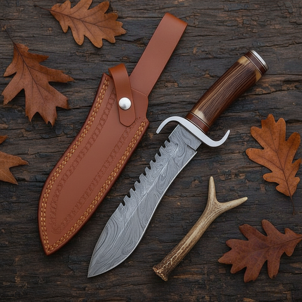 Damascus Bowie knife flat lay dark wood antler handle tan leather sheath