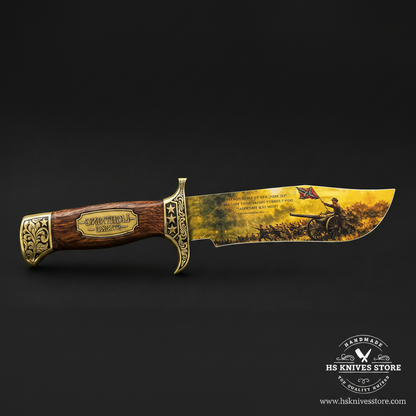 Lightning Strike Bowie knife with historical blade artwork on a dark charcoal studio background