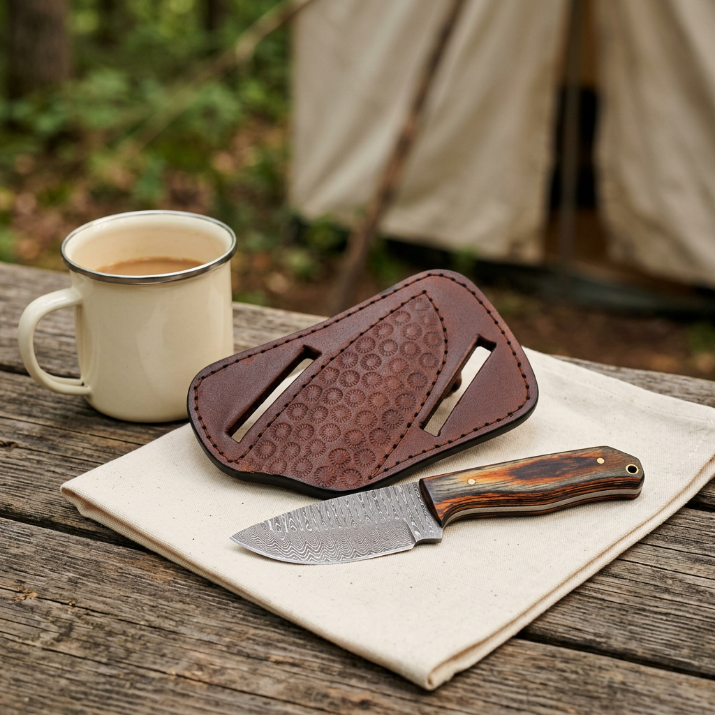 Campsite lifestyle display of mini Damascus knife and cow leather sheath beside an enamel mug