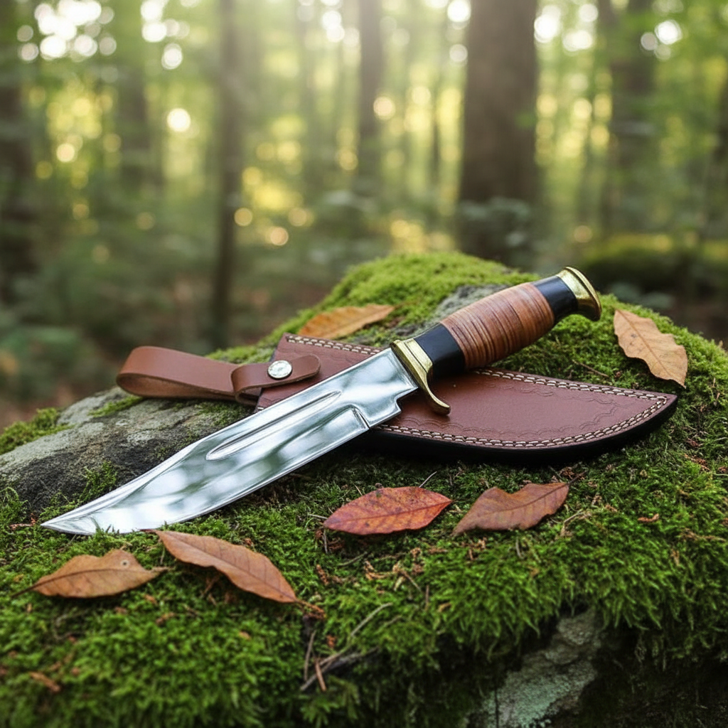 D2 steel Bowie knife with stacked leather handle resting on mossy rocks in outdoor forest setting