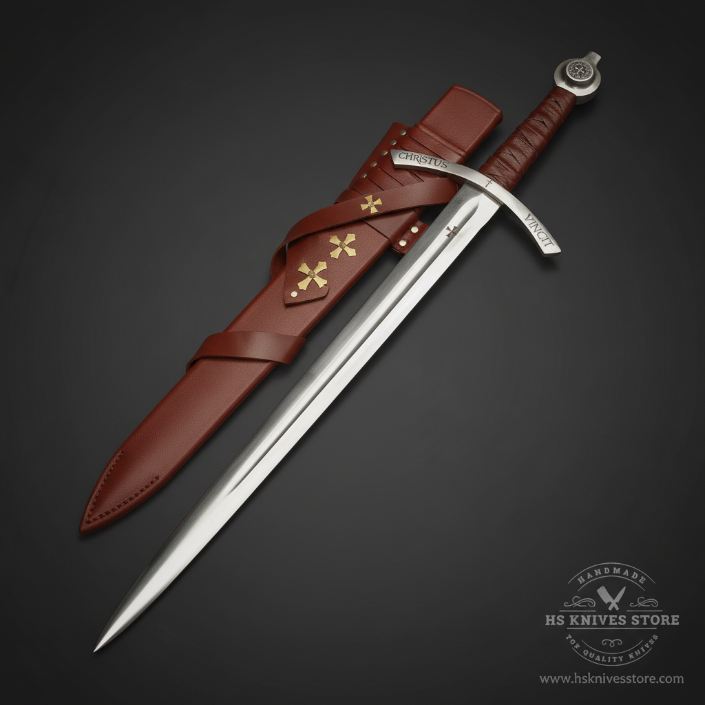 Faithkeeper Knights Templar Accolade sword with CHRISTUS VINCIT engraved blade and dark brown leather scabbard dark charcoal studio mirror