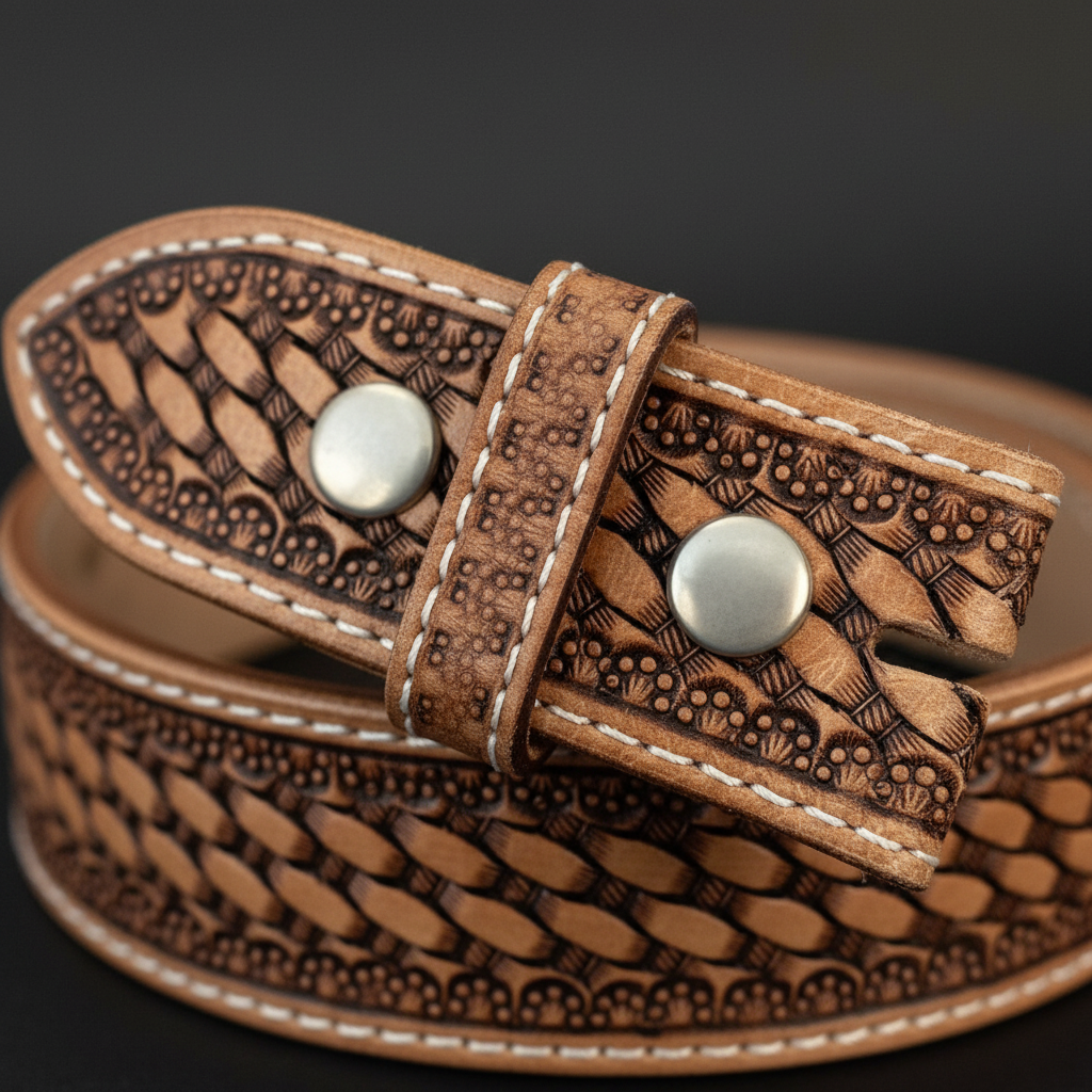 Snap buckle attachment end western leather belt silver snaps hand-stitching tooled tip macro