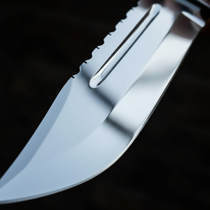 Extreme macro close-up of mirror polished D2 steel Bowie knife blade showing razor sharp edge and fuller groove detail