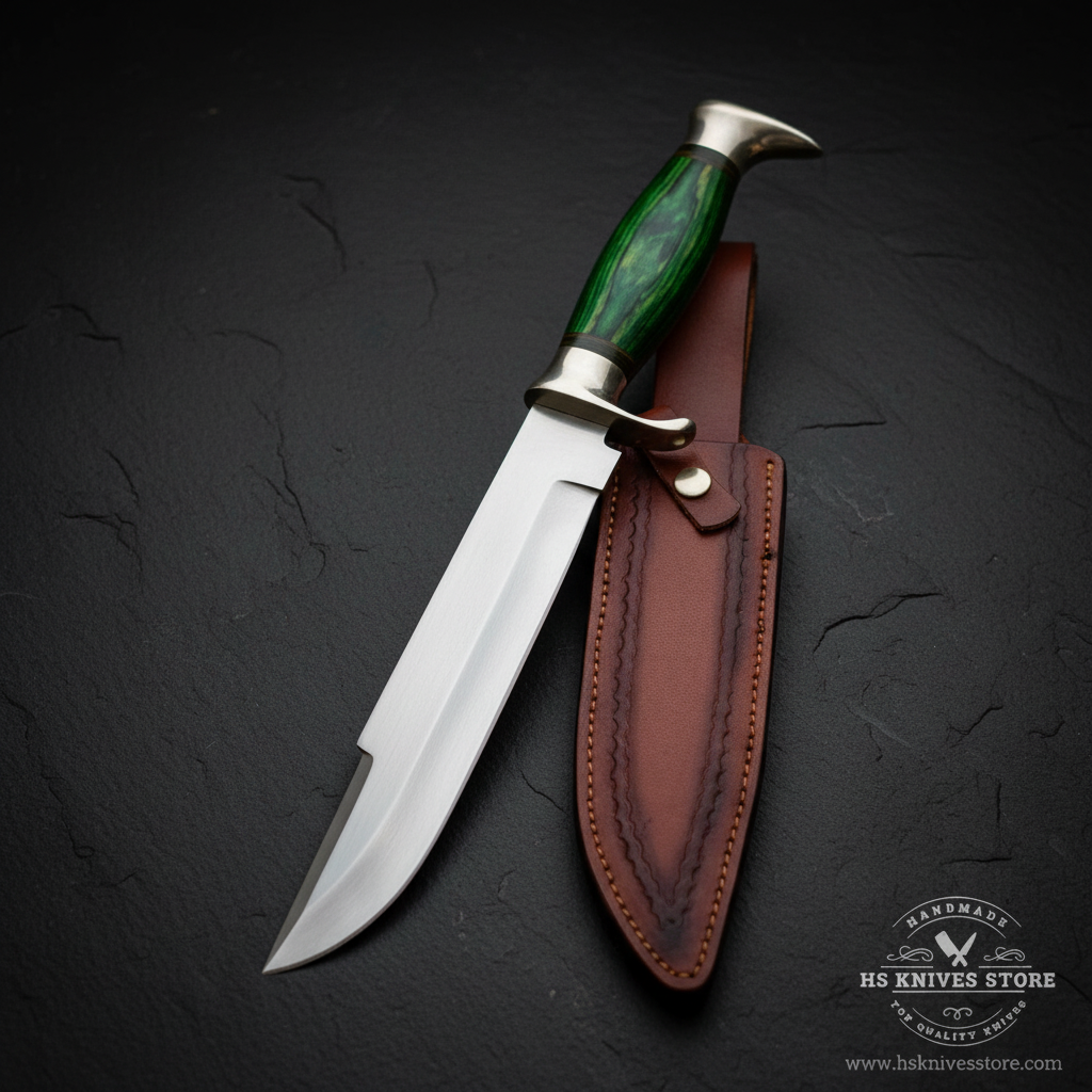 Vertical luxury shot of D2 steel Bowie knife green pakkawood handle on dark slate background with tan leather sheath