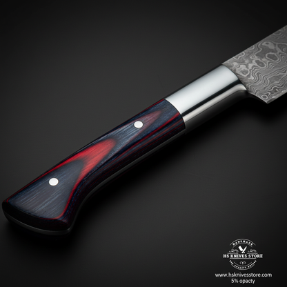 Macro close-up of two-tone dark blue navy and red burgundy pakkawood handle with polished steel bolster detail