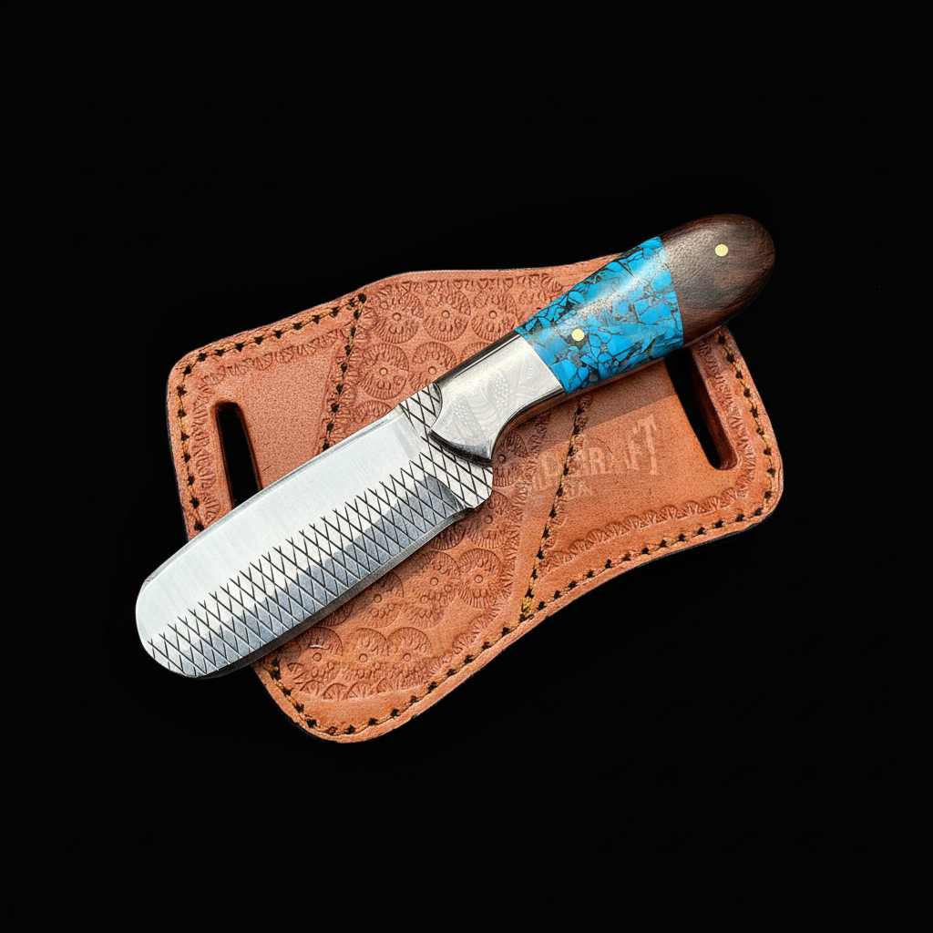 handmade-bull-cutter-cowboy-knife-rasp-file-blade-turquoise-wood-handle-left-facing