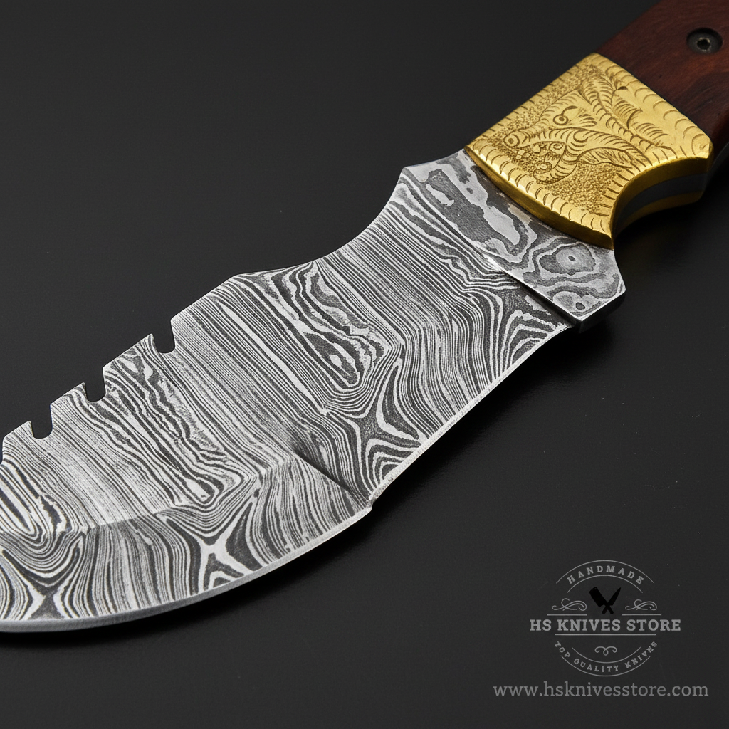 Close-up of Damascus steel tracker knife blade showing bold layered wavy Damascus pattern and hand-engraved brass bolster