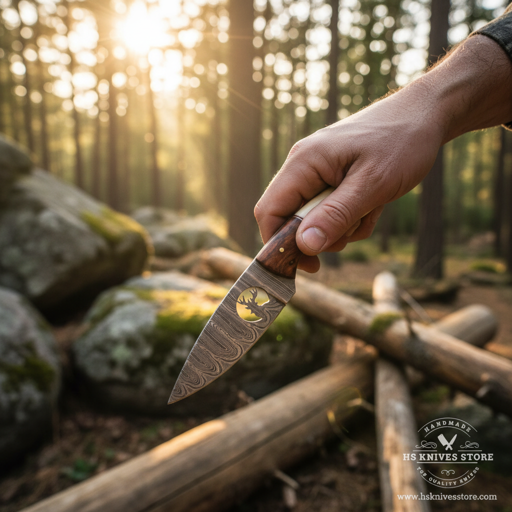 Hunter hand gripping two-tone rosewood bone handle Damascus skinner knife in field dressing pose outdoor forest golden sunlight