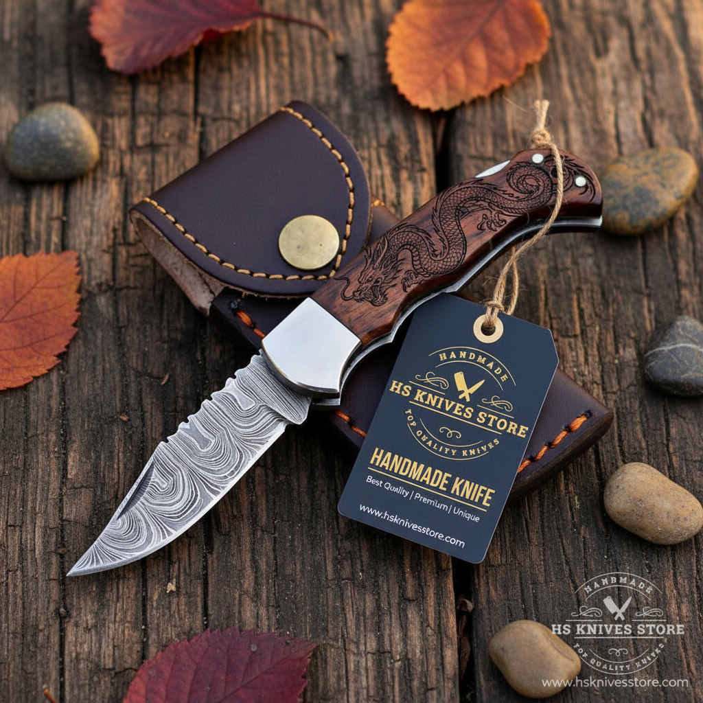 Damascus steel folding pocket knife flat lay on dark rustic wood with HS Knives Store hang tag attached autumn leaves