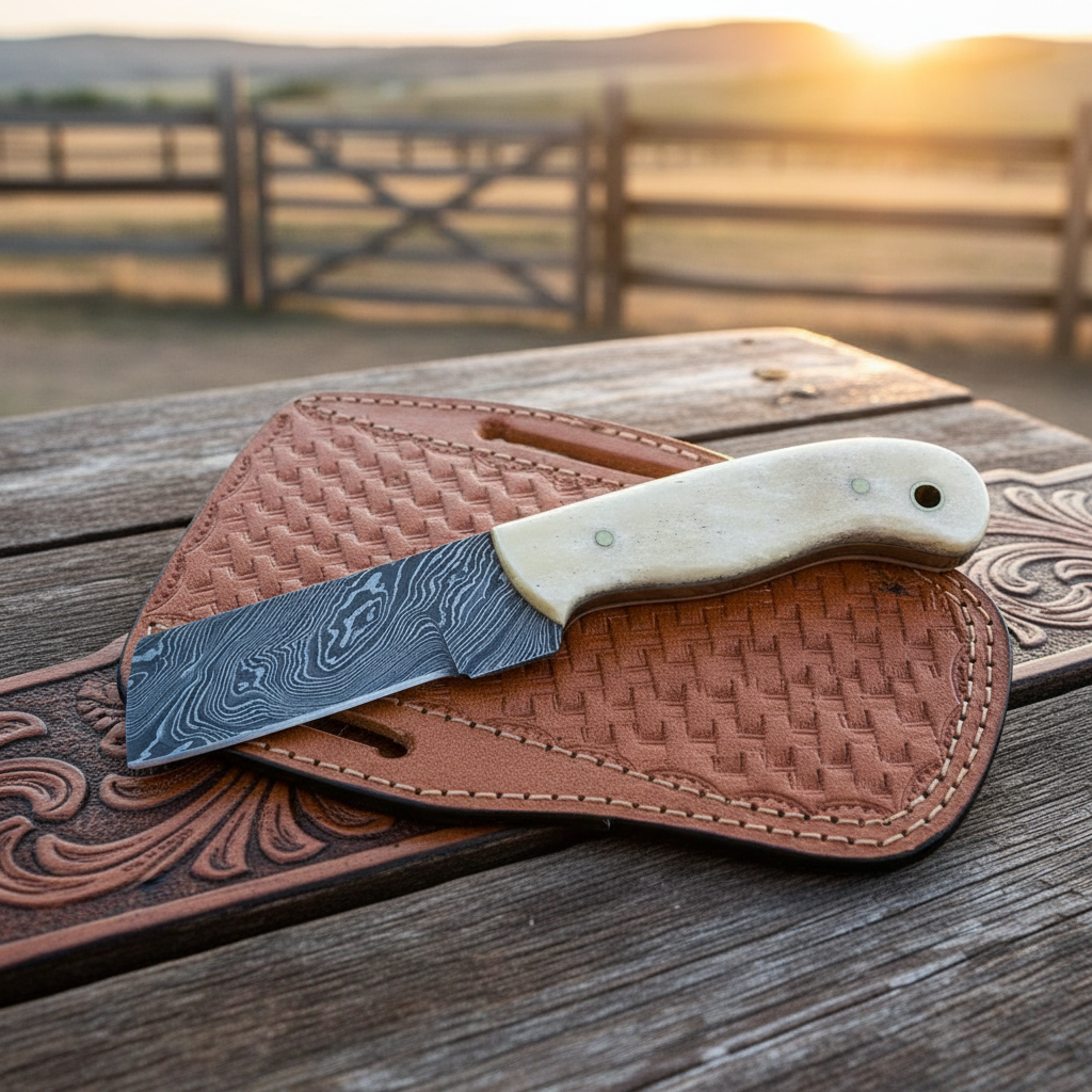 Damascus steel cowboy bull cutter knife with bone handle at sunset ranch