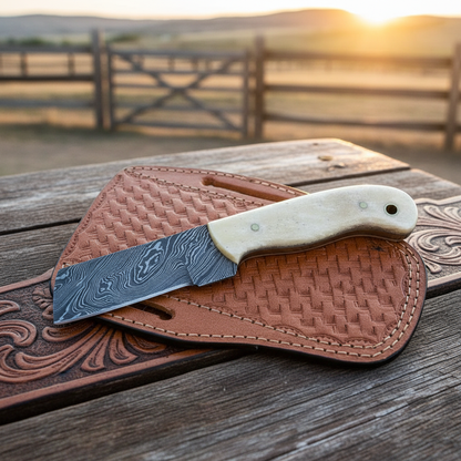 Damascus steel cowboy bull cutter knife with bone handle at sunset ranch