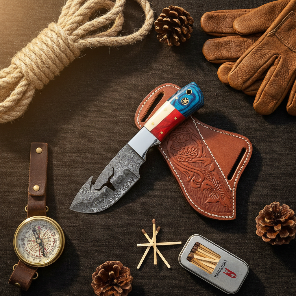 Damascus skinner knife flat lay with outdoor hunting gear compass rope gloves on dark canvas background