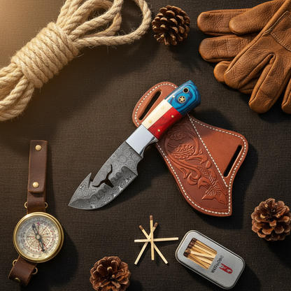 Damascus skinner knife flat lay with outdoor hunting gear compass rope gloves on dark canvas background