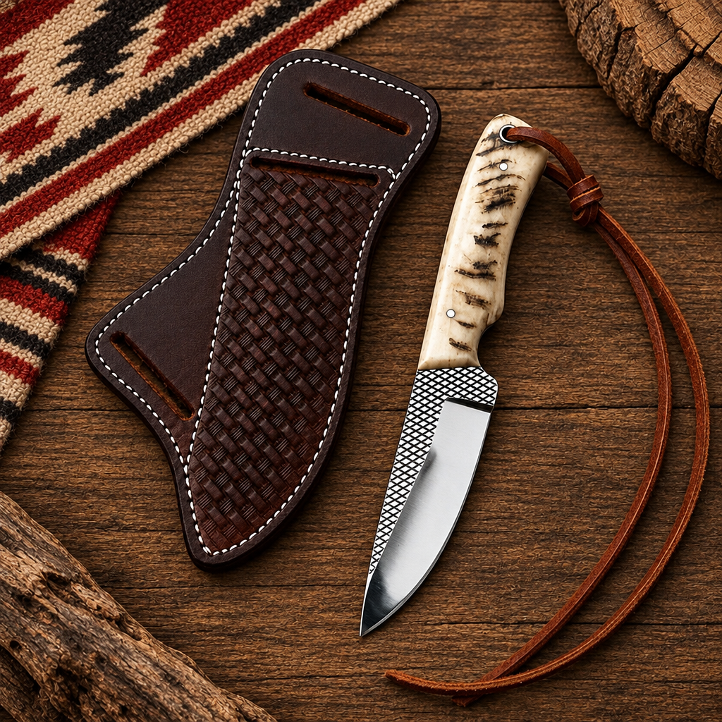 Top-down view of Rasp Steel Skinner knife and matching leather sheath on wood and woven blanket