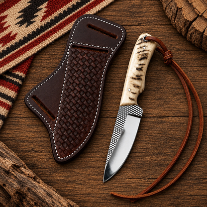 Top-down view of Rasp Steel Skinner knife and matching leather sheath on wood and woven blanket