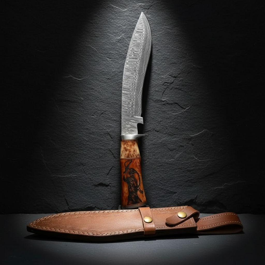 Damascus Bowie knife vertical luxury shot on dark slate background blade pointing up