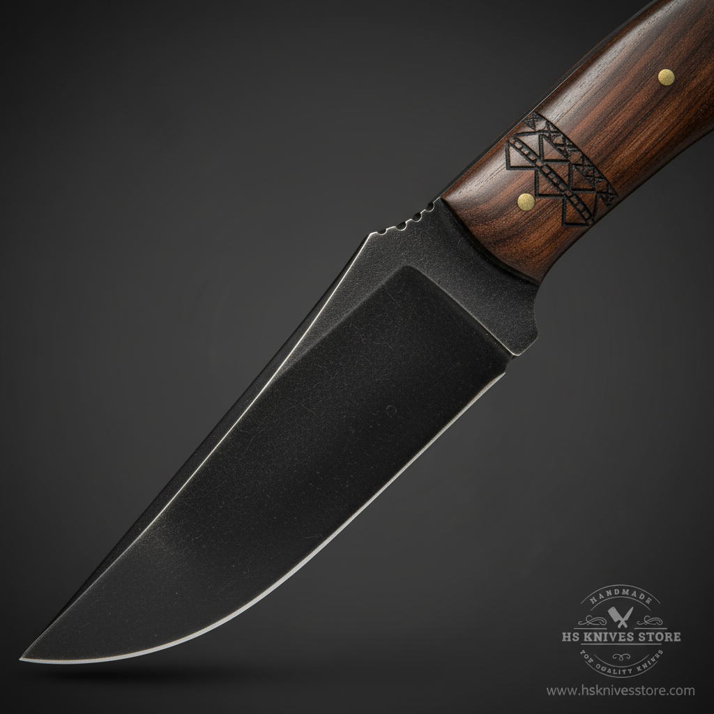 Close-up macro of carbon steel fixed blade knife with black stone-wash coating and matching Norse tribal geometric engraving on walnut handle
