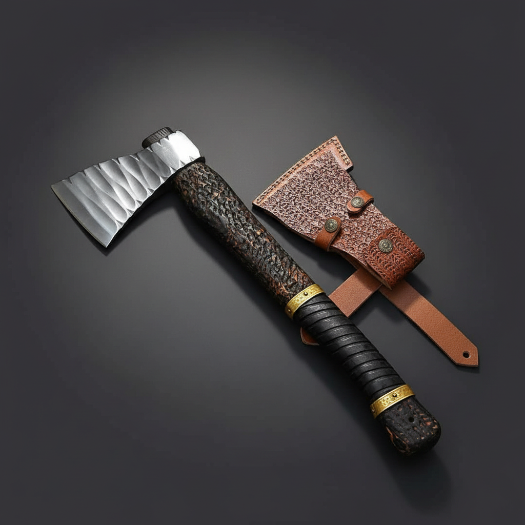 Hand forged Viking axe studio shot right facing dark charcoal background with tooled leather sheath