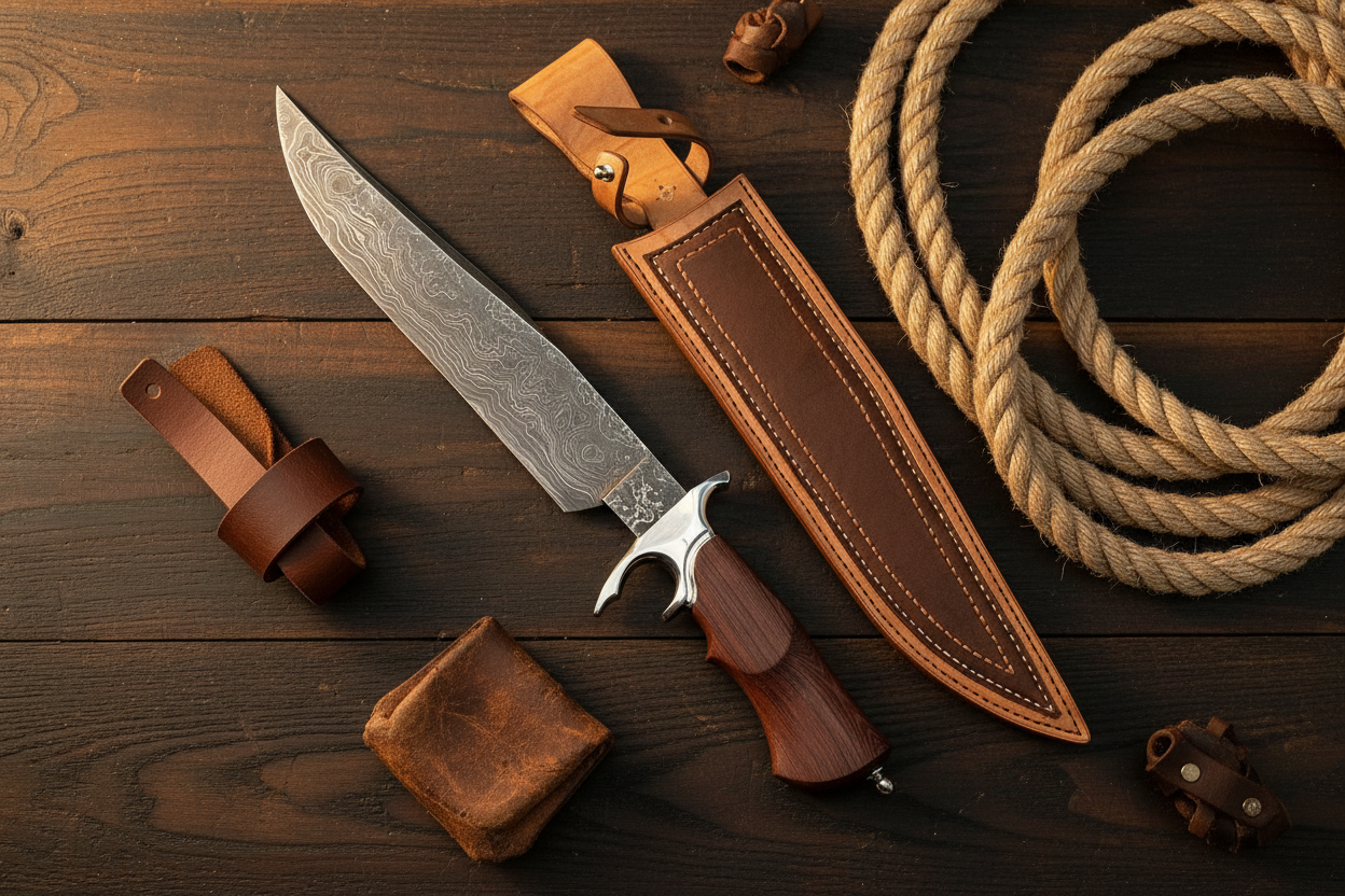 Damascus Bowie knife with rosewood handle and brown leather sheath flat lay on dark rustic wood with rope and leather accessories