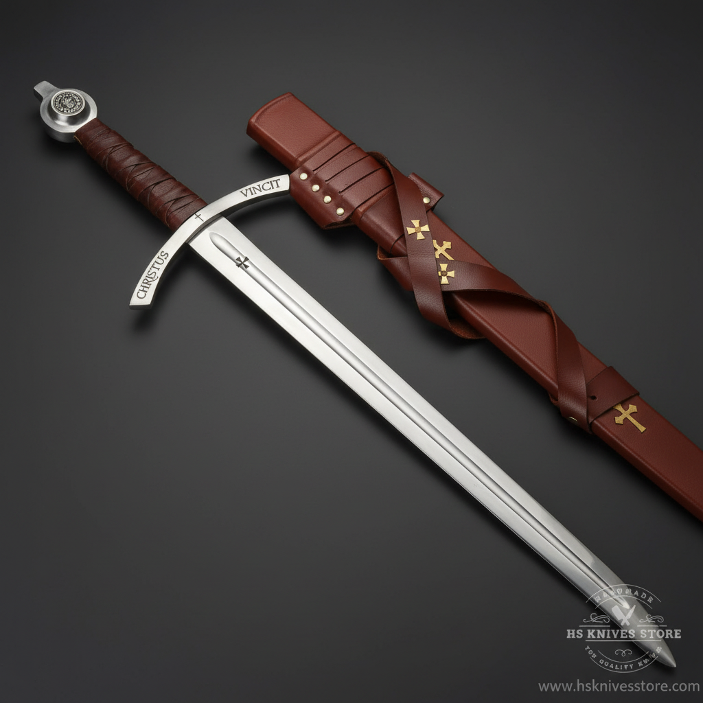 Faithkeeper Knights Templar Accolade sword with CHRISTUS VINCIT engraved blade and dark brown leather scabbard with gold Templar crosses dark charcoal studio right