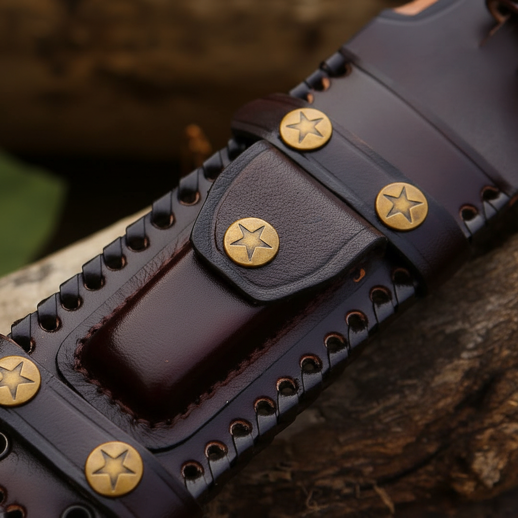 Close-up detail of dark brown leather knife sheath with brass star studs and black lacing hand-stitched craftwork