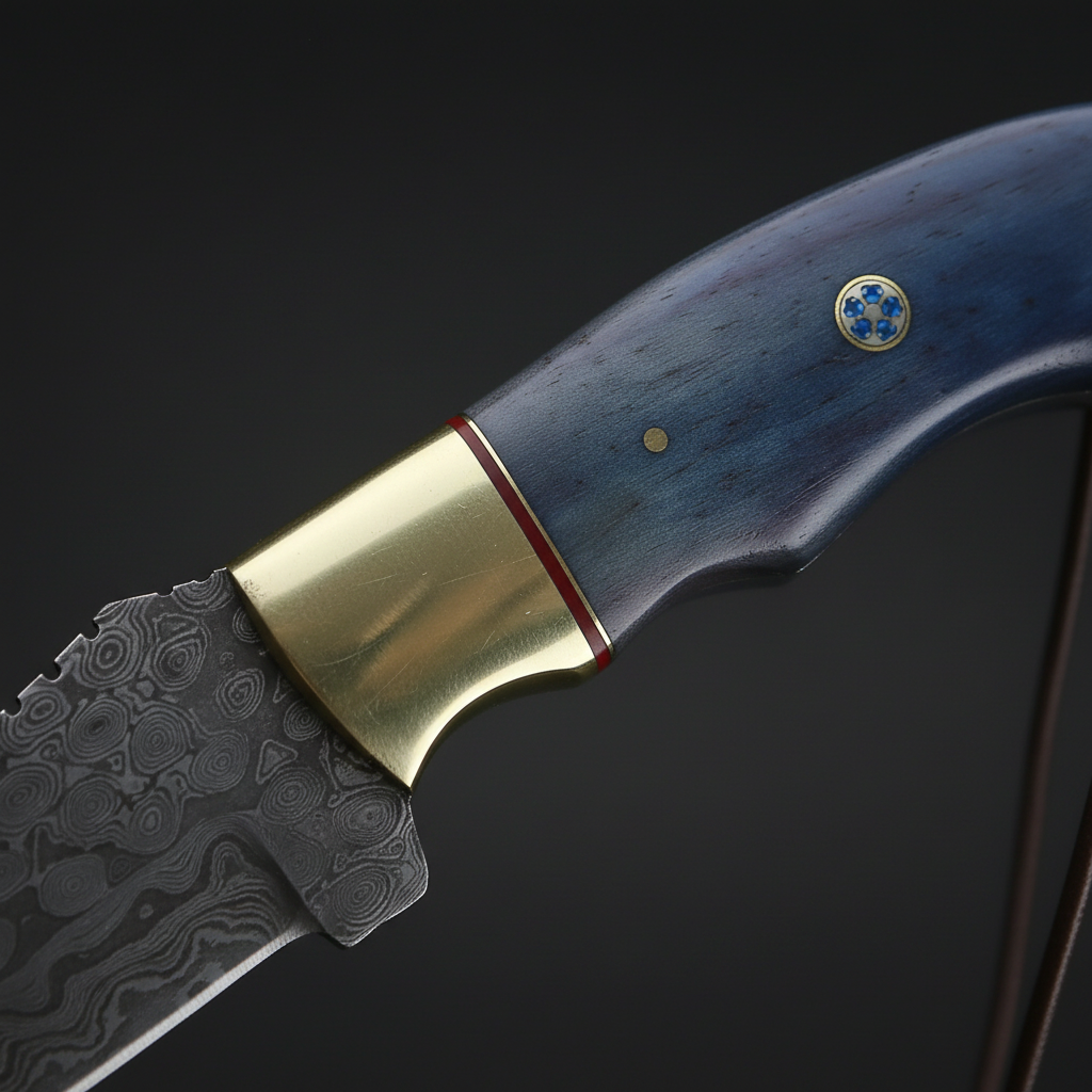 Close-up macro of blue colored bone handle with brass bolster and blue mosaic pin on Damascus tracker knife