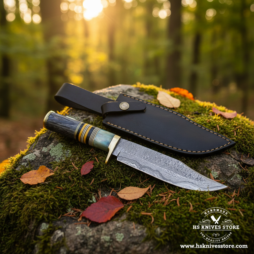 Damascus Bowie knife with abalone horn handle and black leather sheath on mossy rocks in forest setting