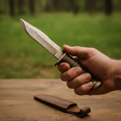 1095 hunting knife stacked leather handle held in hand size reference outdoor natural light