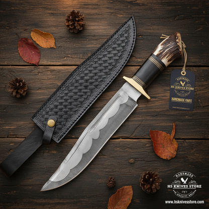 Hand forged Bowie knife flat lay with elk antler handle and HS Knives Store hang tag on rustic wood with autumn leaves