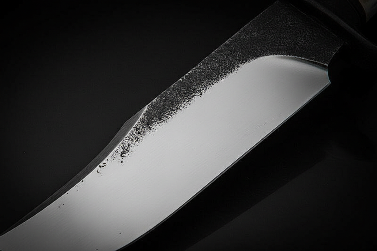 Close up macro shot of 1095 high carbon steel Bowie knife blade showing hand-forged black spine contrasting with mirror polished cutting edge