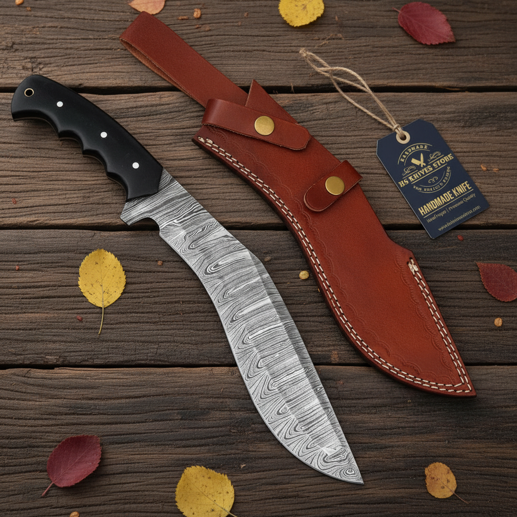 Damascus Kukri knife flat lay with black micarta handle hang tag and brown leather sheath on dark rustic wood with autumn leaves