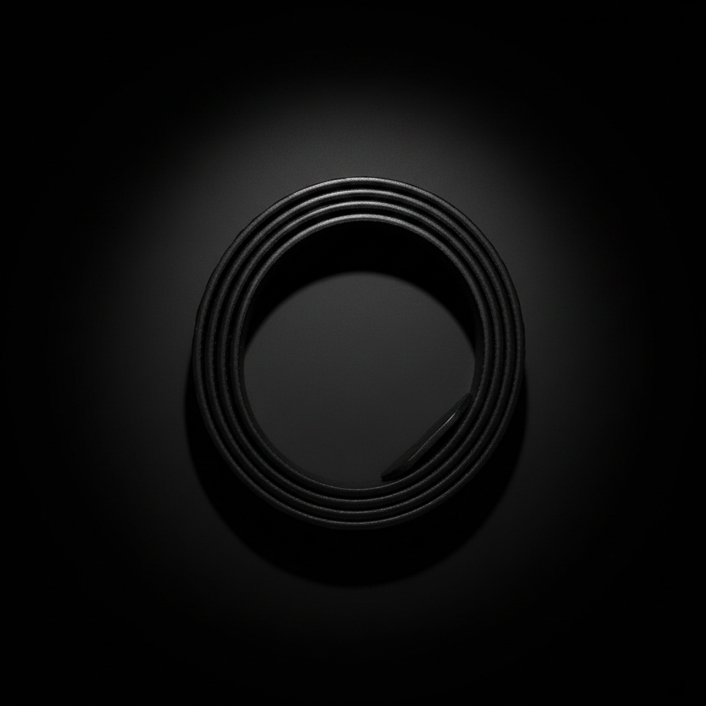 Hand-tooled black leather western belt braided woven pattern stainless steel buckle black background studio