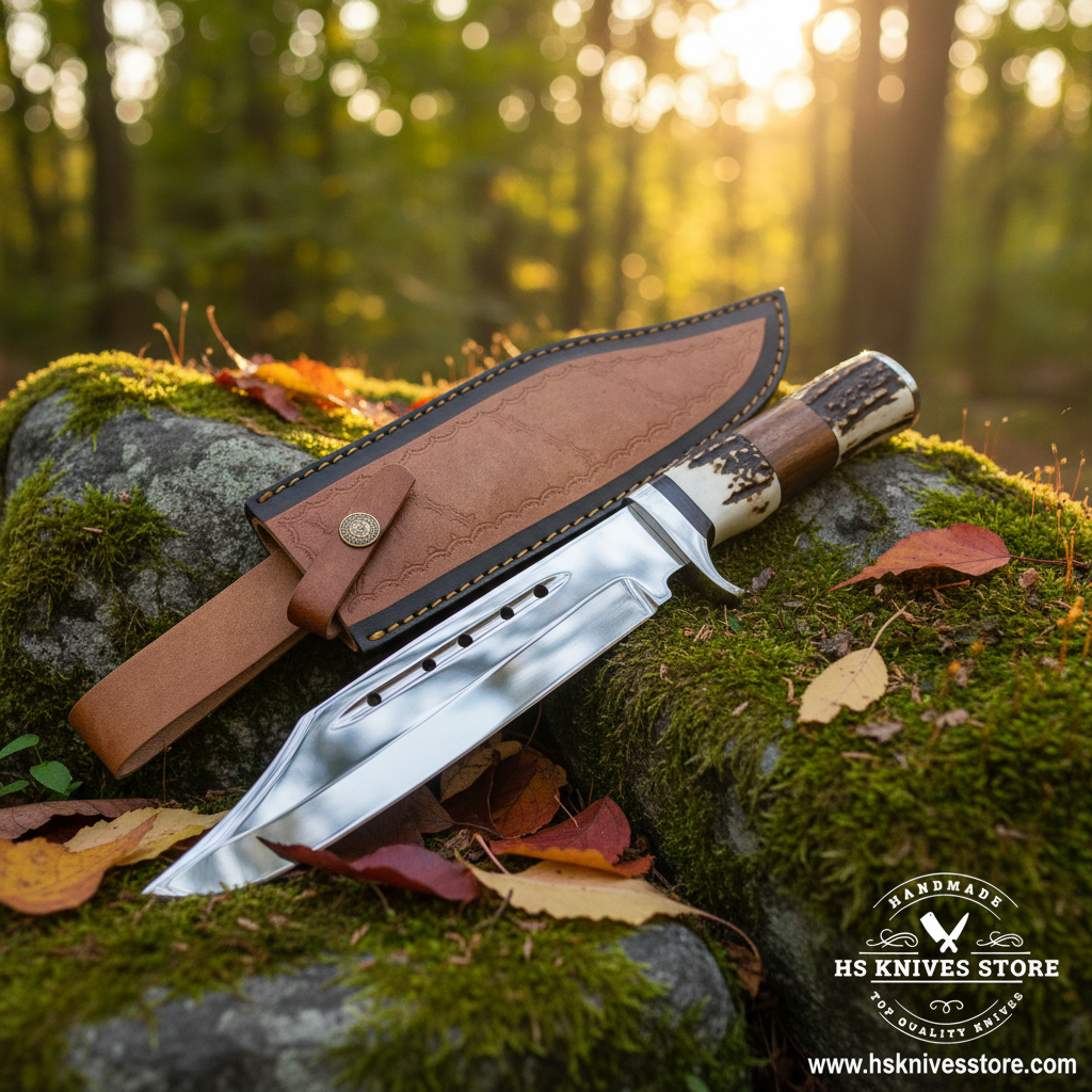 D2 steel Bowie knife with stag horn wood handle and two-tone leather sheath on mossy rocks in forest setting