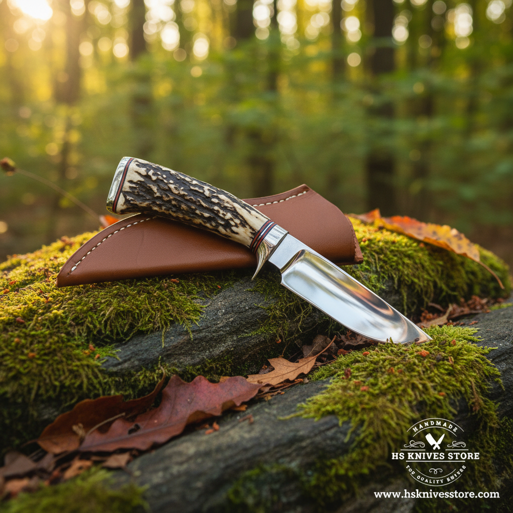 D2 steel skinner hunting knife with stag handle and tan leather sheath resting on mossy rocks in forest setting