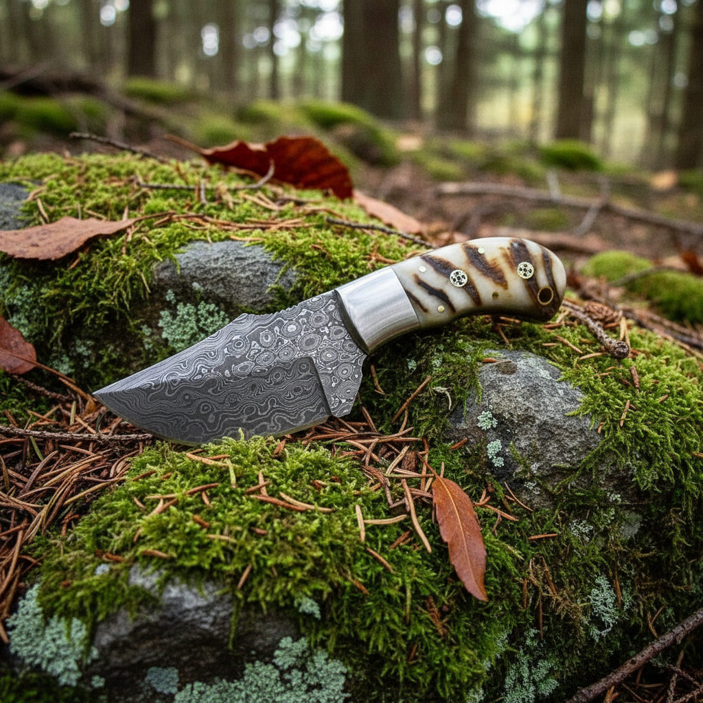 Ram horn handle Damascus skinner knife on mossy rocks outdoor hunting setting