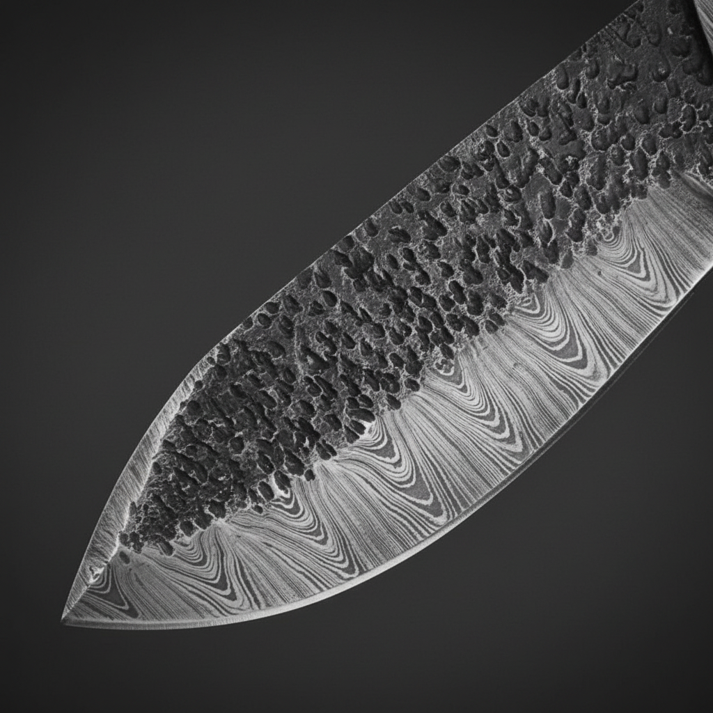 Damascus steel blade close-up showing hammered spine texture and flowing layered Damascus pattern