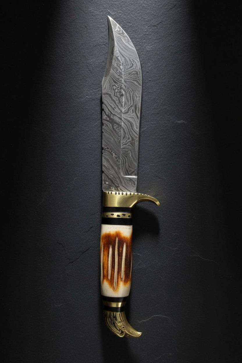 Vertical luxury shot of handmade Damascus Bowie knife on dark slate background, blade pointing up