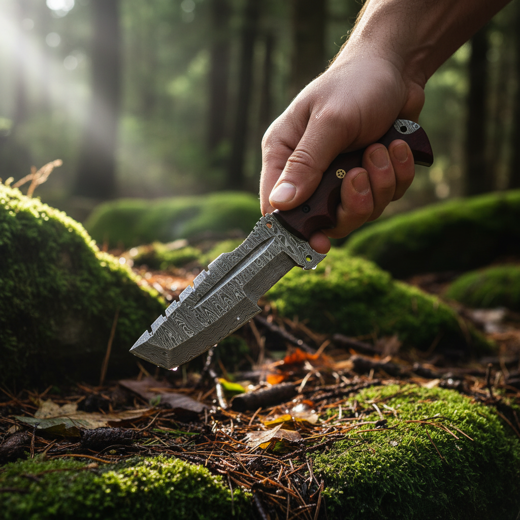Hands holding Damascus tracker knife with rosewood handle in outdoor forest setting