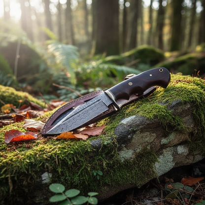 Damascus hunting knife with walnut wood handle resting on mossy rocks in outdoor forest setting