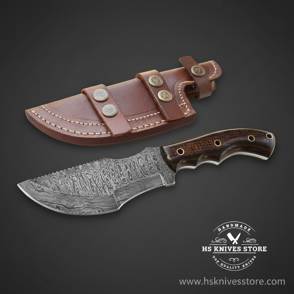 Damascus steel tracker knife with dark brown micarta handle and leather sheath on dark charcoal background studio shot