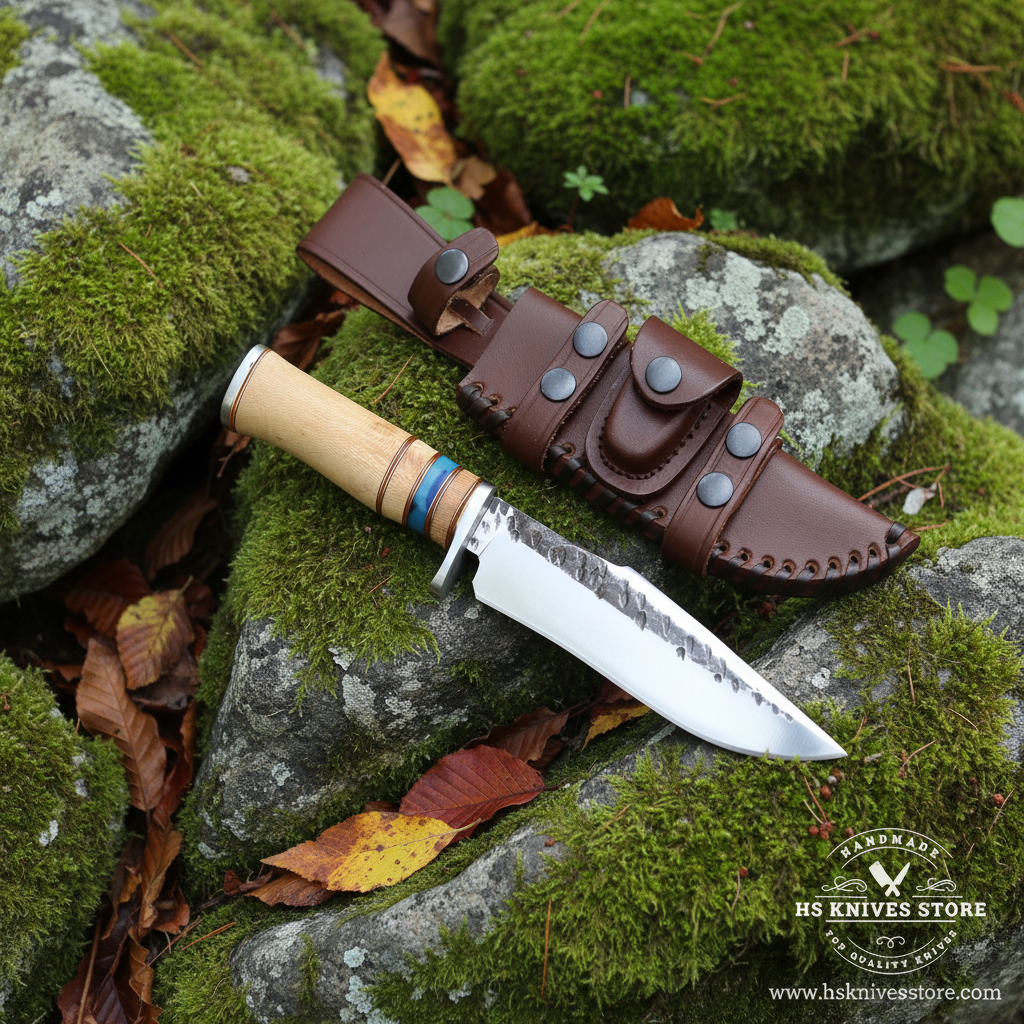 Hand forged hunting knife hidden tang stacked handle resting on mossy rocks in outdoor forest setting with dark brown leather sheath