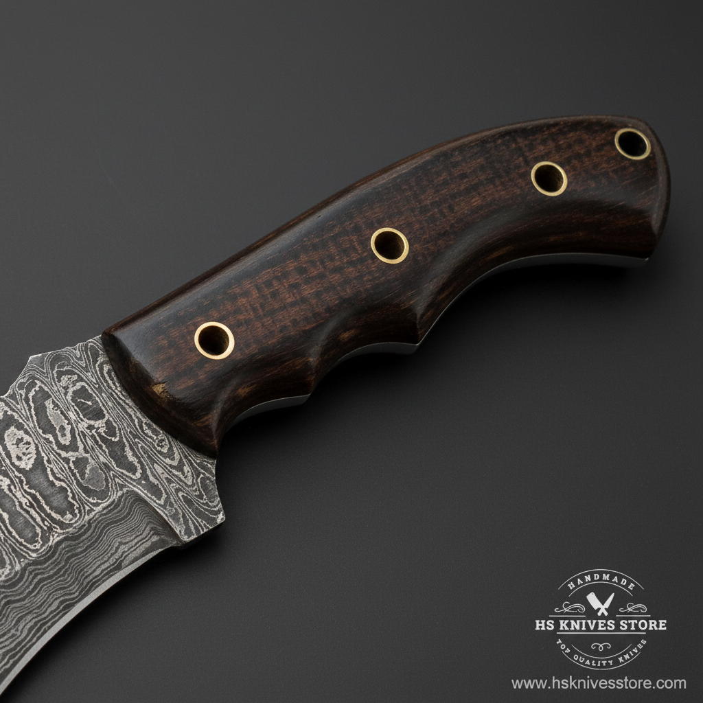 Macro view of dark brown micarta handle with 3 brass pins and 3 circular cutout holes on Damascus tracker knife