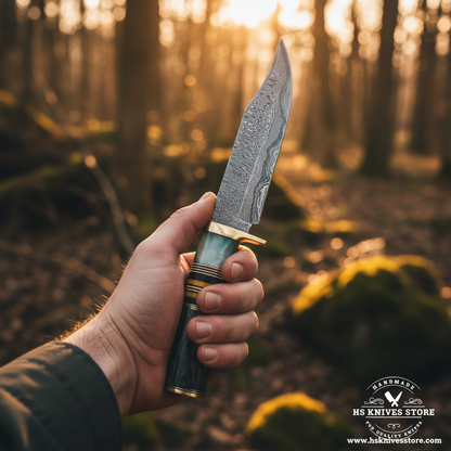 Hand gripping abalone horn handle Damascus Bowie knife in outdoor forest action shot with golden hour light