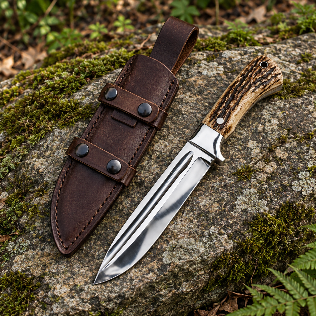 Left woodland angle of 13-inch overall D2 Bowie knife with genuine deer-horn handle