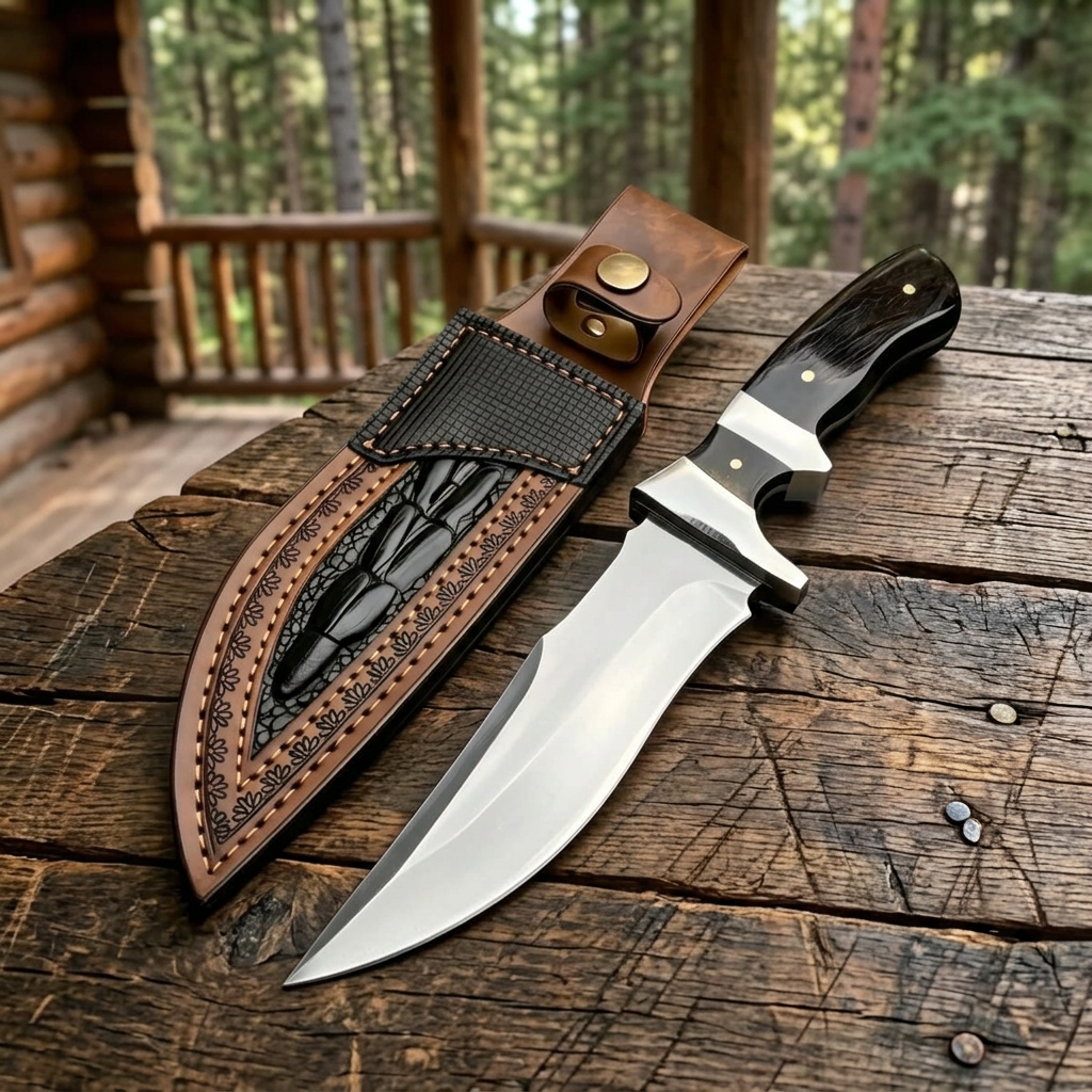 Outdoor cabin table display of D2 Bowie knife and ornate sheath