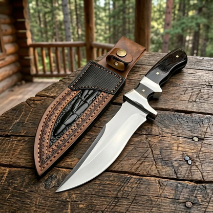 Outdoor cabin table display of D2 Bowie knife and ornate sheath