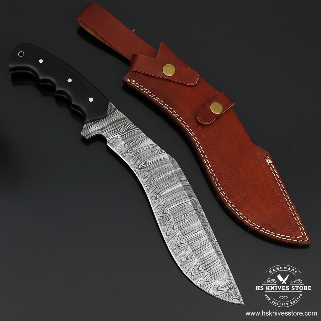 Damascus Kukri knife with black micarta handle and brown leather sheath on dark charcoal studio background facing right
