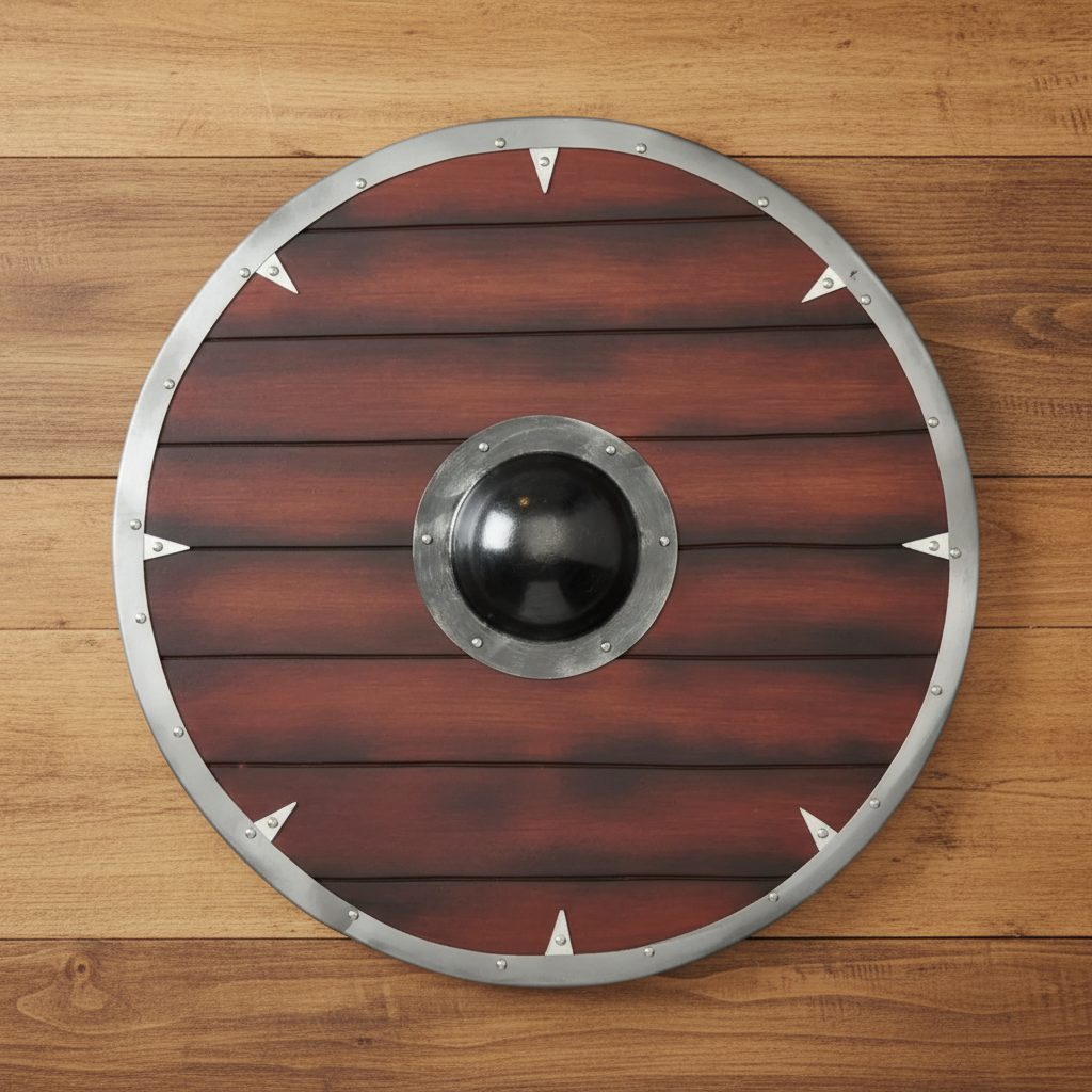 Round handmade Viking wooden shield shown fully from above on a rustic wood surface