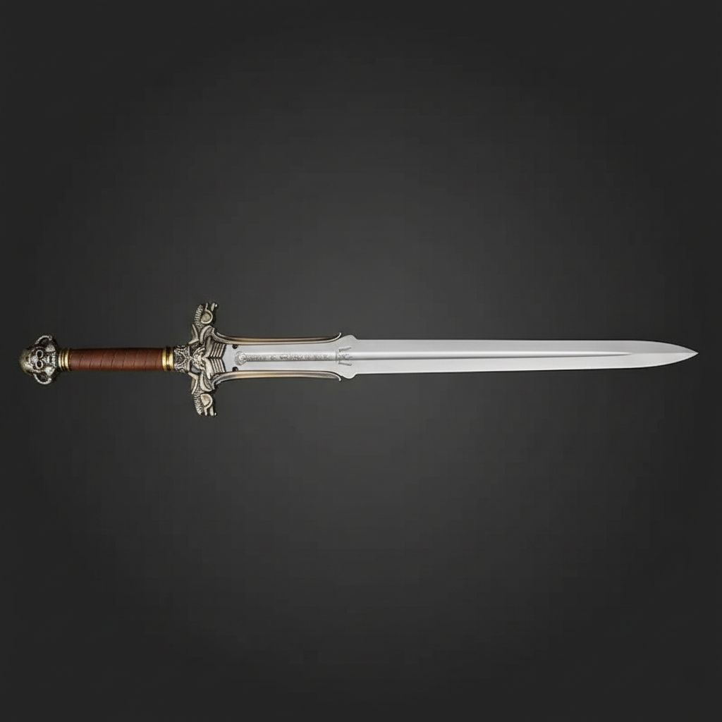 Barbarian broad sword with dragon head guard and skull pommel on dark charcoal studio background right facing
