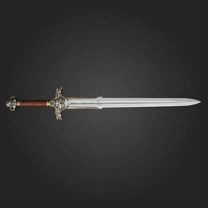 Barbarian broad sword with dragon head guard and skull pommel on dark charcoal studio background right facing